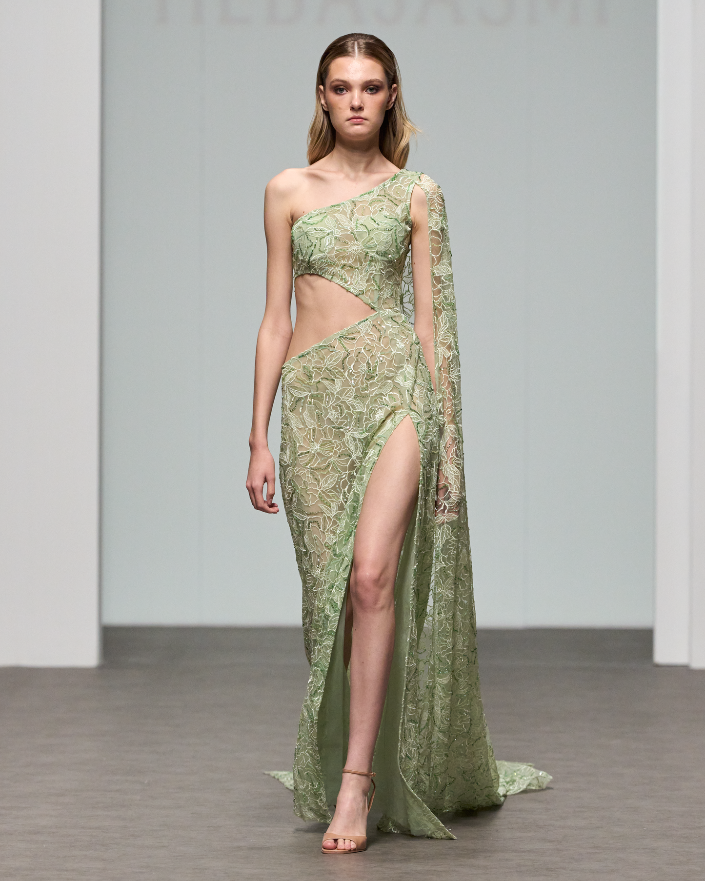 Green asymmetrical floral lace dress - G-HJ 110