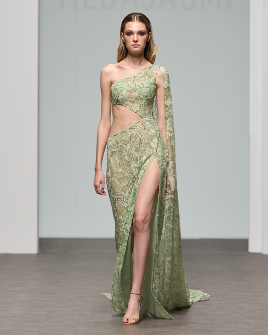 Green asymmetrical floral lace dress - G-HJ 110