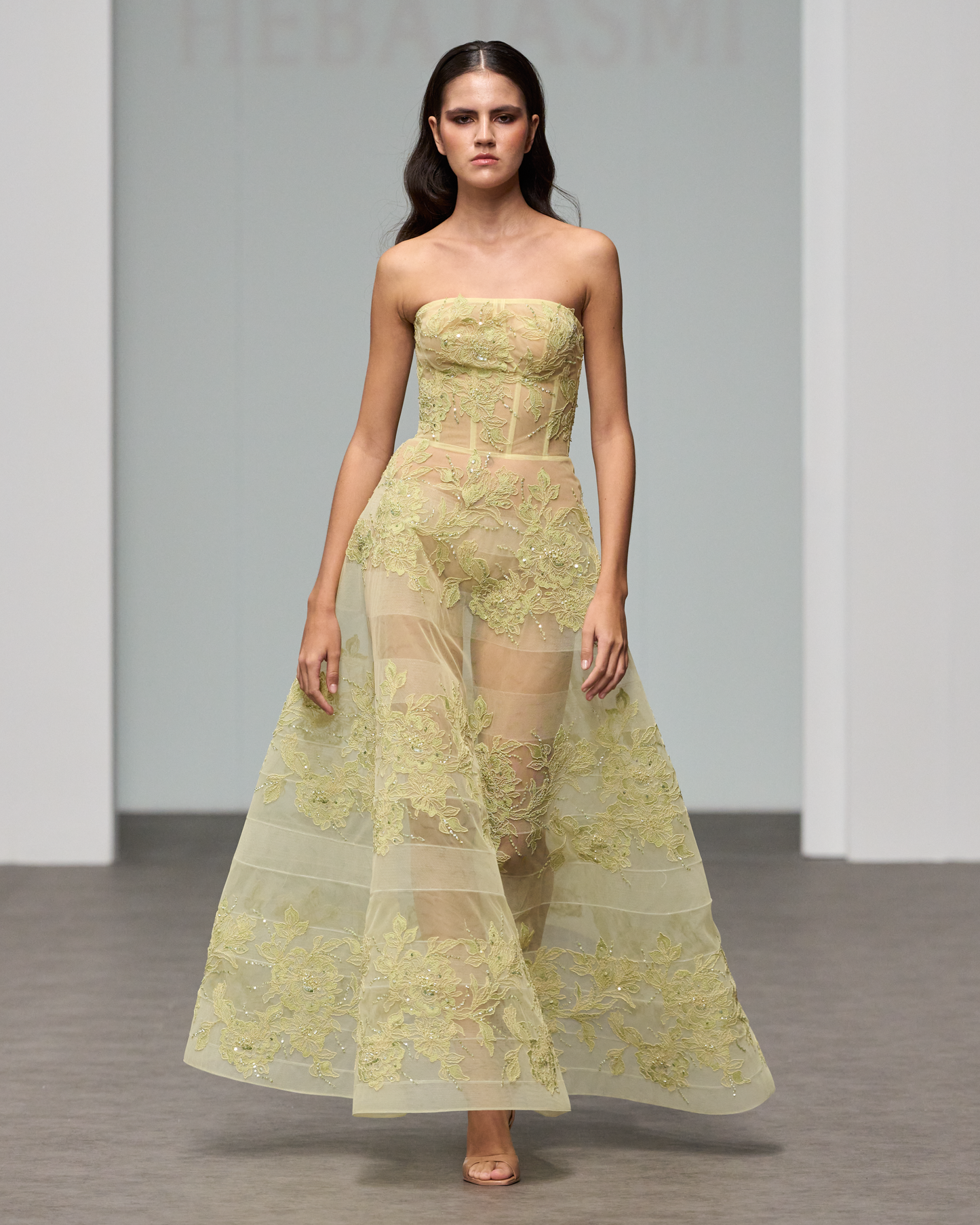 Strapless flared beaded floral lace lime dress - G-HJ 114