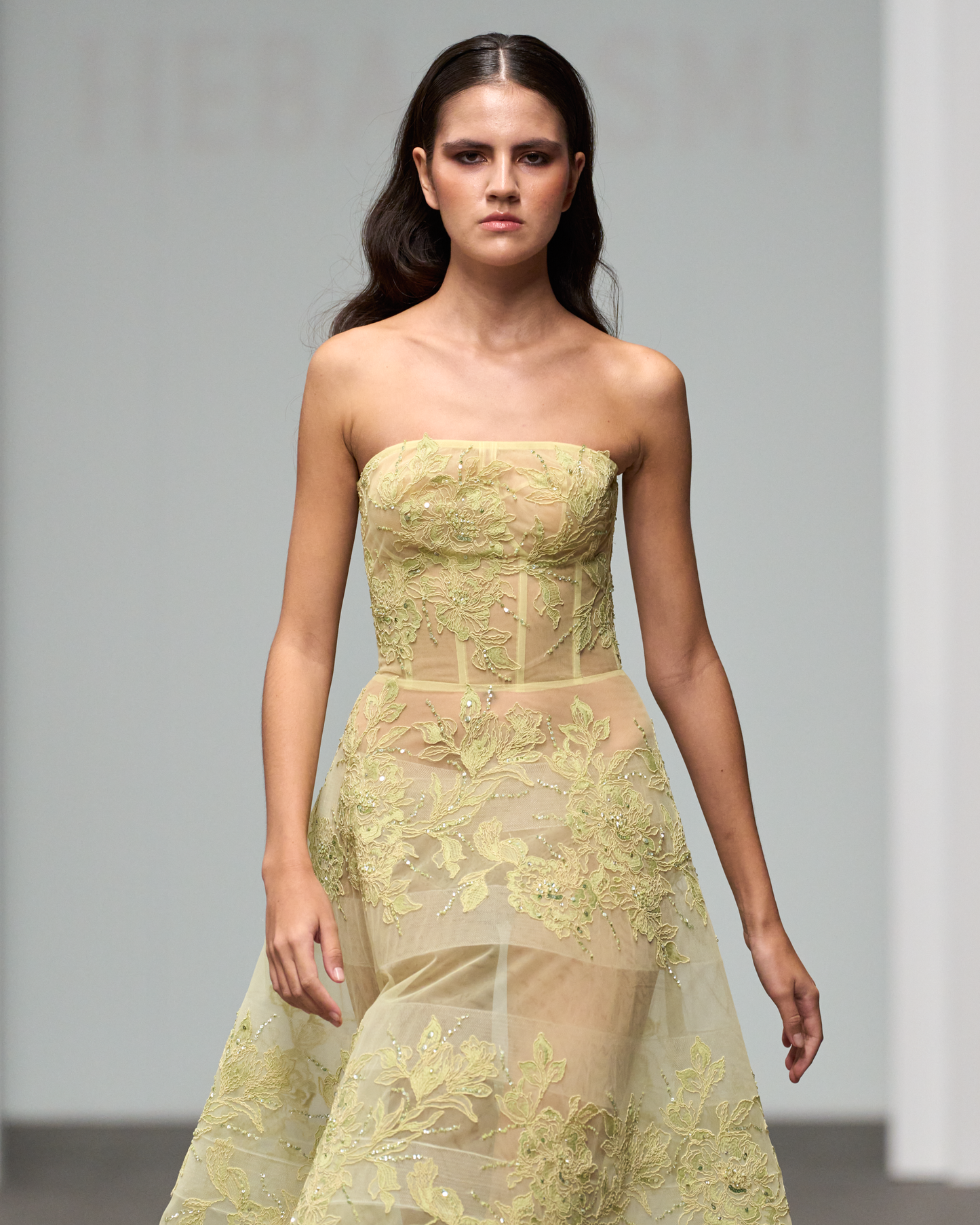 Strapless flared beaded floral lace lime dress - G-HJ 114