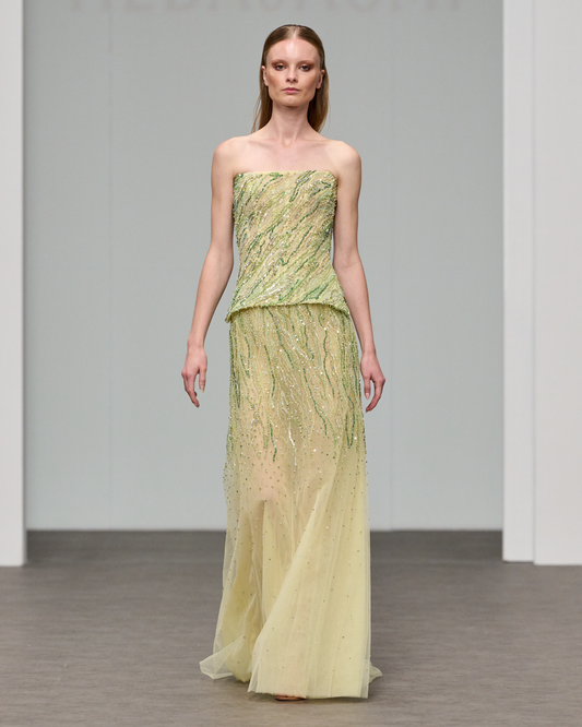 Strapless corset maxi dress beaded in green and yellow shades - HJ 109