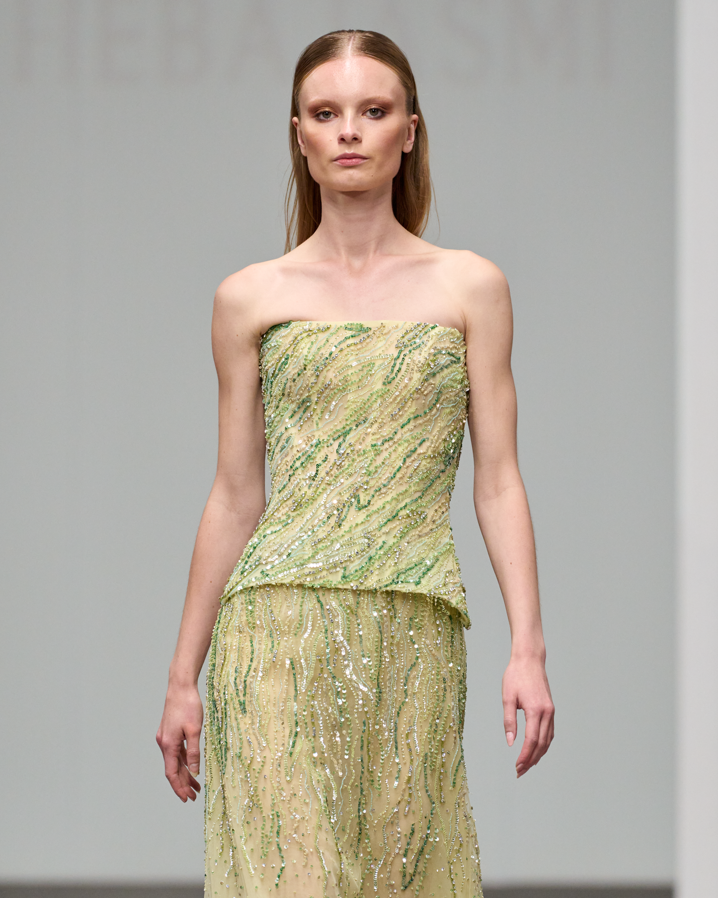 Strapless corset maxi dress beaded in green and yellow shades - HJ 109
