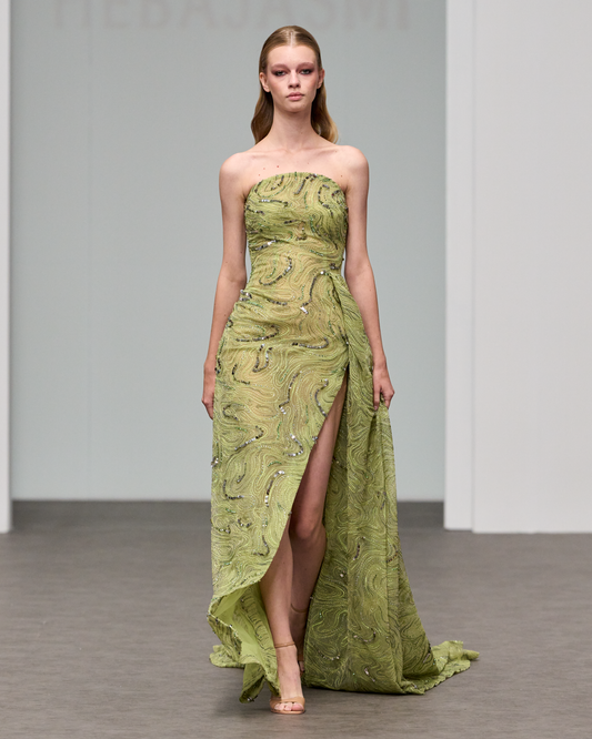 Green lace draped in a strapless arched dress - G-HJ 93