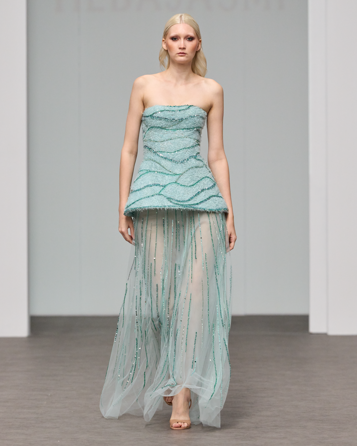 Mint blue strapless corset dress in 3D weaved tulle - G-HJ 97