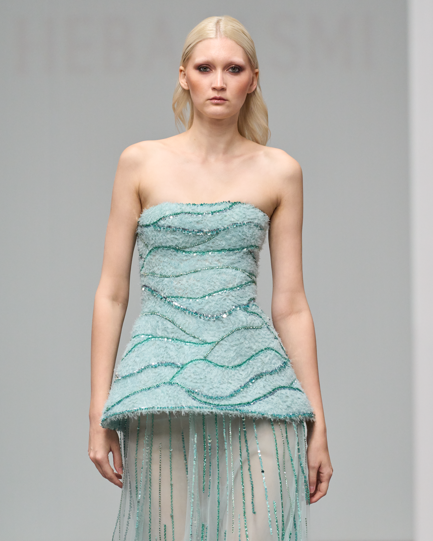 Mint blue strapless corset dress in 3D weaved tulle - G-HJ 97