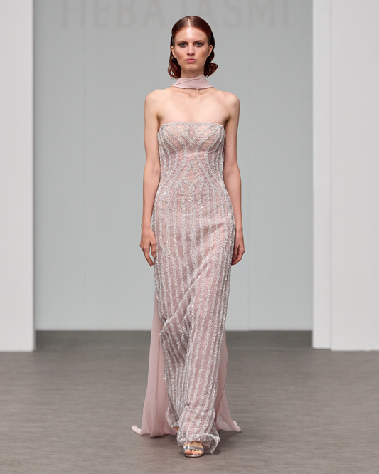 White and silver fully beaded strapless dress - HJ 120