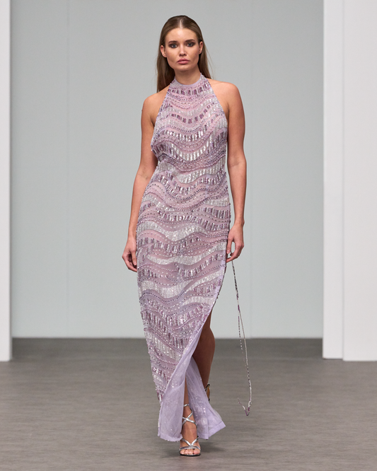 Lavender maxi dress with a halter neckline and open back - HJ 111