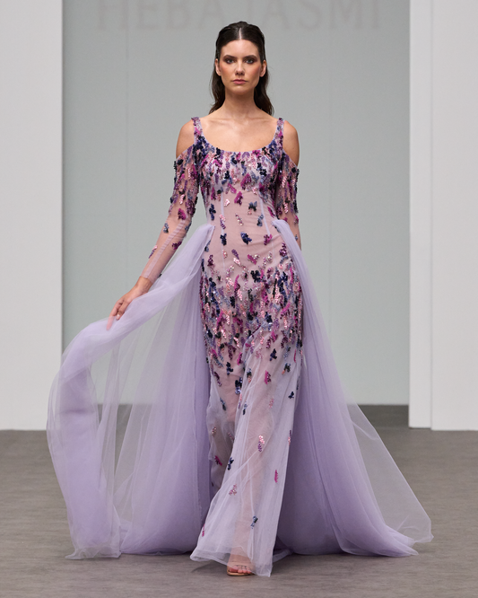 Purple maxi dress with a mix of embroidery and an overskirt - I-HJ 129