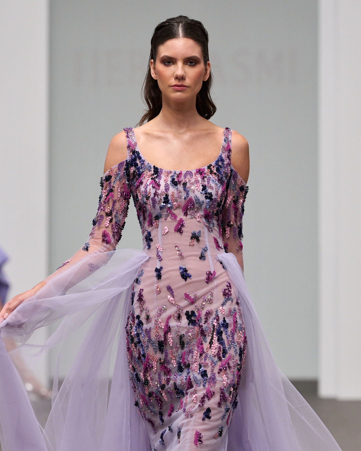Purple maxi dress with a mix of embroidery and an overskirt - I-HJ 129