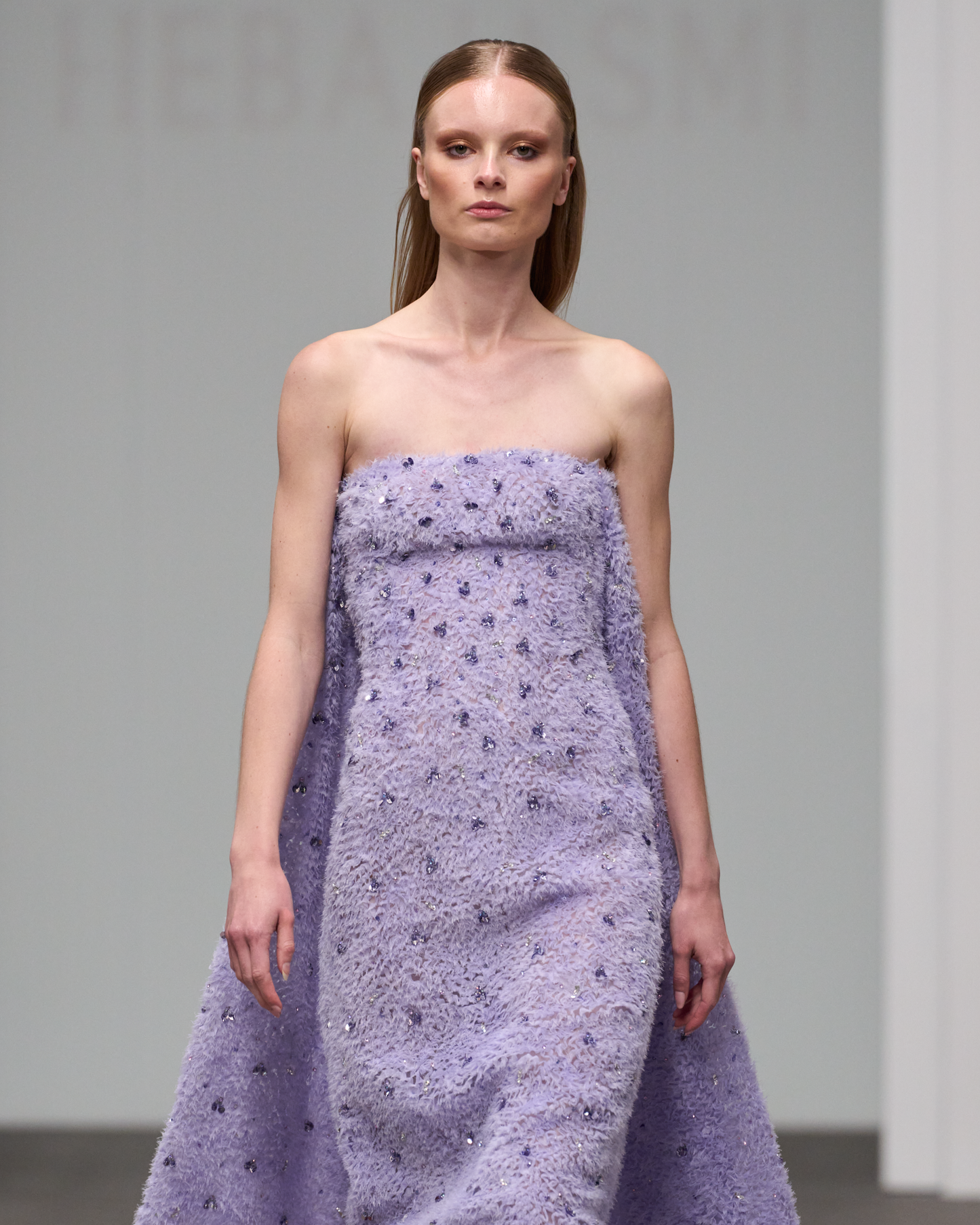 Strapless purple maxi dress in a 3D weaved tulle - G-HJ 118