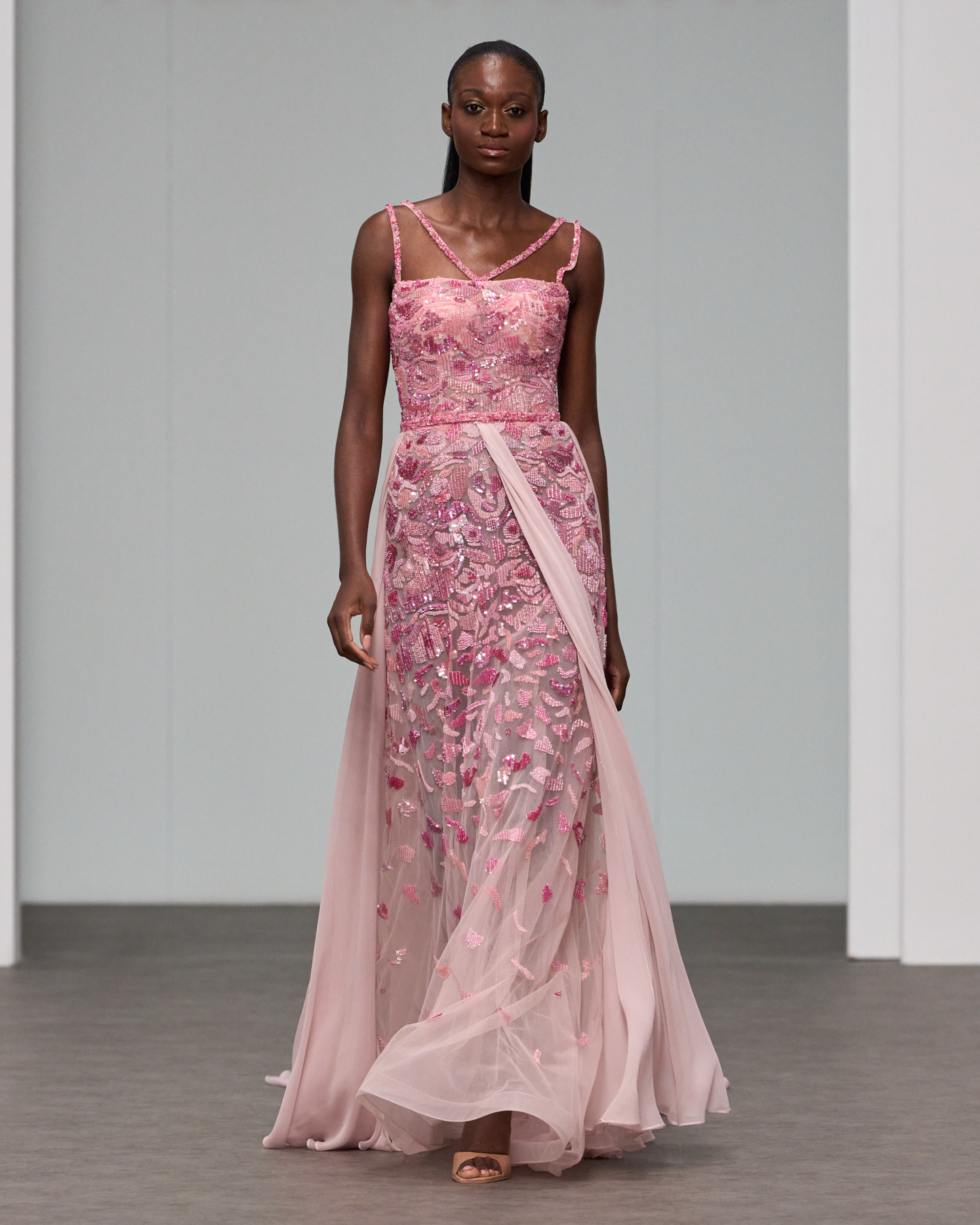 Flared A-line dress with silk chiffon panels in shades of pink - I-HJ 107
