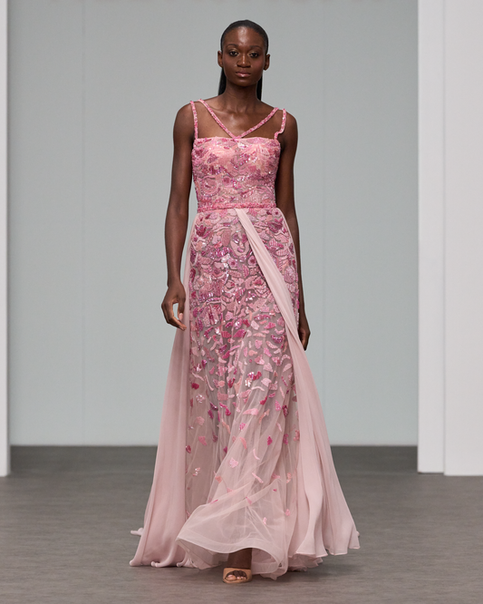 Flared A-line dress with silk chiffon panels in shades of pink - I-HJ 107