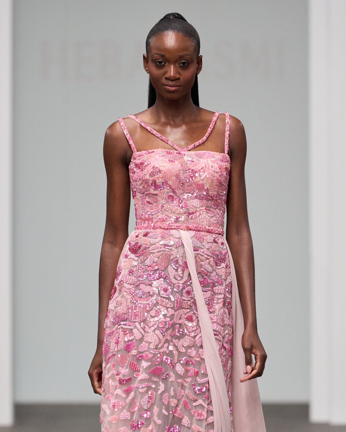 Flared A-line dress with silk chiffon panels in shades of pink - I-HJ 107