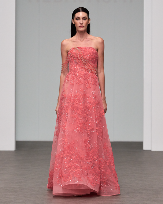 Strapless maxi coral floral lace dress - G-HJ 116