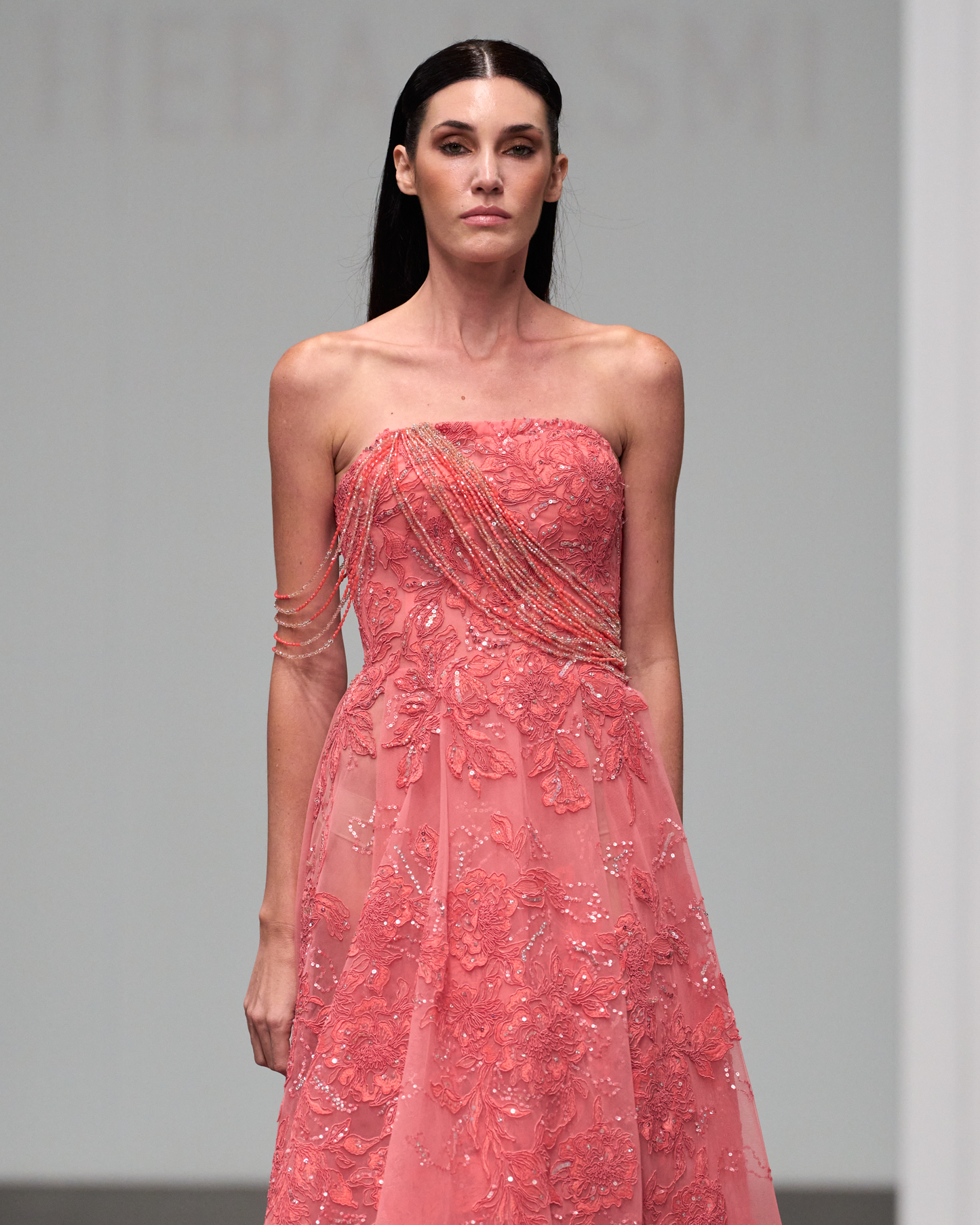 Strapless maxi coral floral lace dress - G-HJ 116