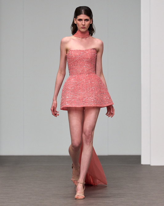 Mini structed hand-beaded dress with a silk shawl - HJ 117