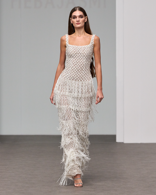 White fitted dress with tassels - I-HJ 106