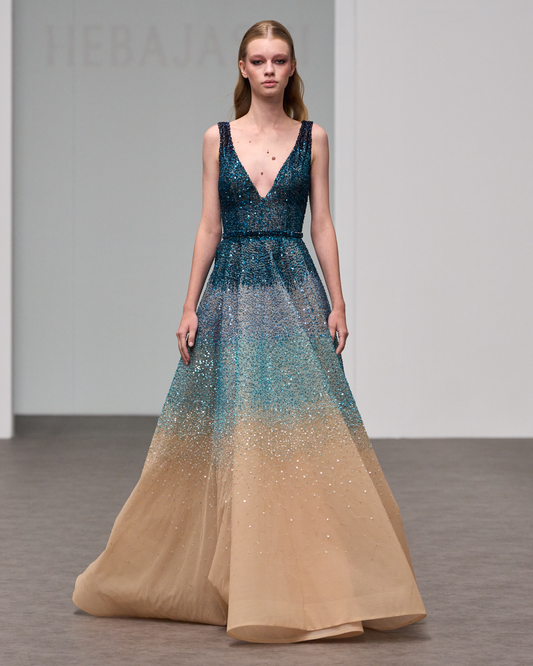 V-neckline maxi ombre dress with a volumized skirt - I-HJ 125