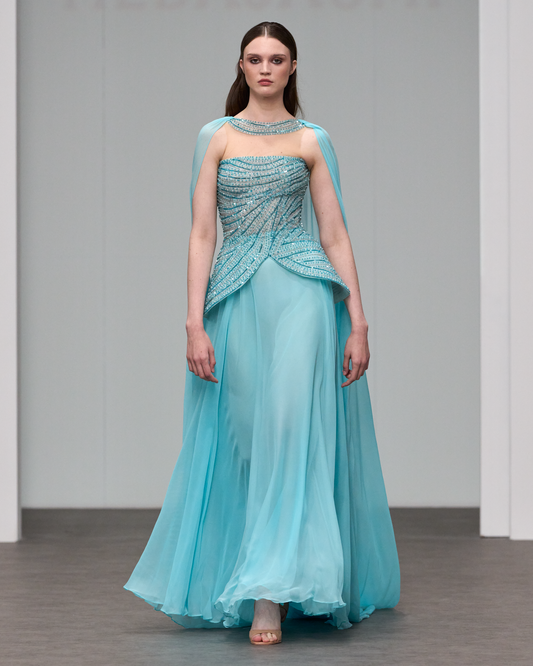 Strapless corset dress with silky chiffon skirt - HJ 123