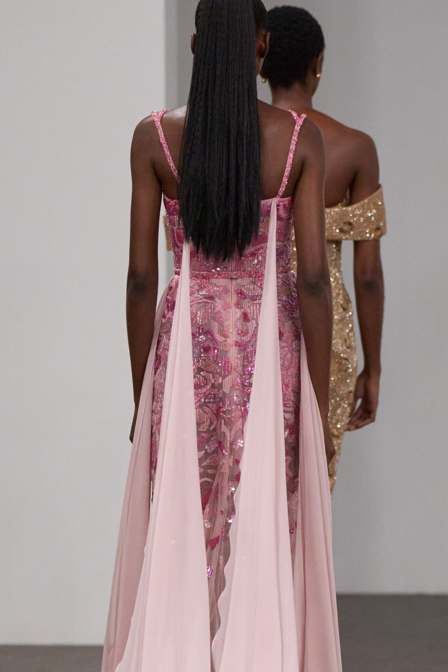 Flared A-line dress with silk chiffon panels in shades of pink - I-HJ 107