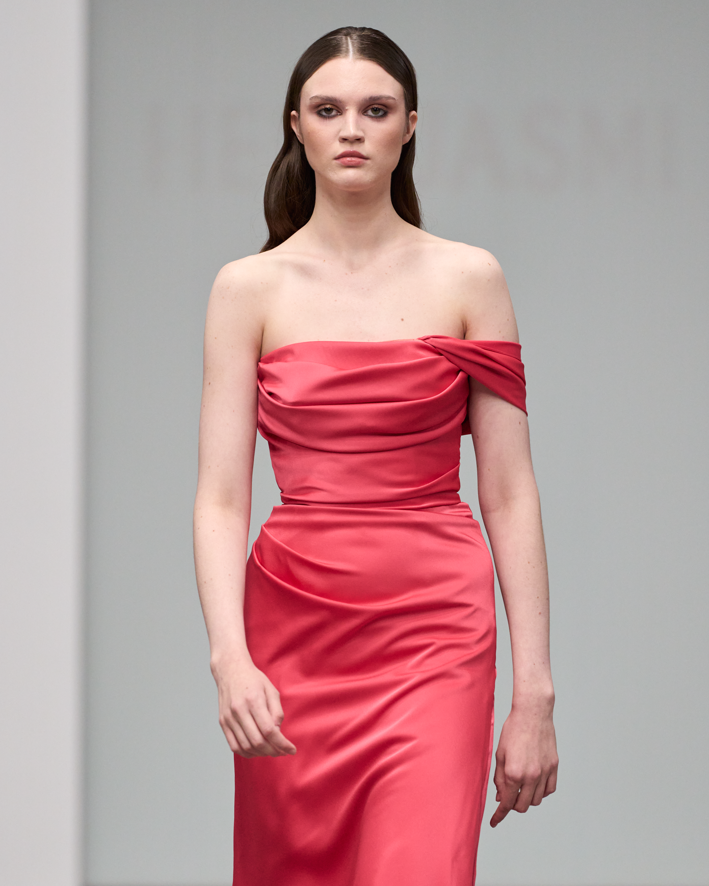 Coral maxi dress made in a satin crepe - G-HJ 122