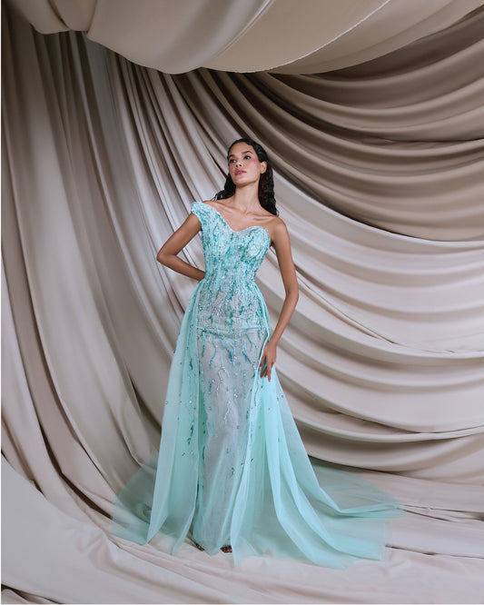 Asymmetrical maxi mint blue dress with embroidery - HJ 86