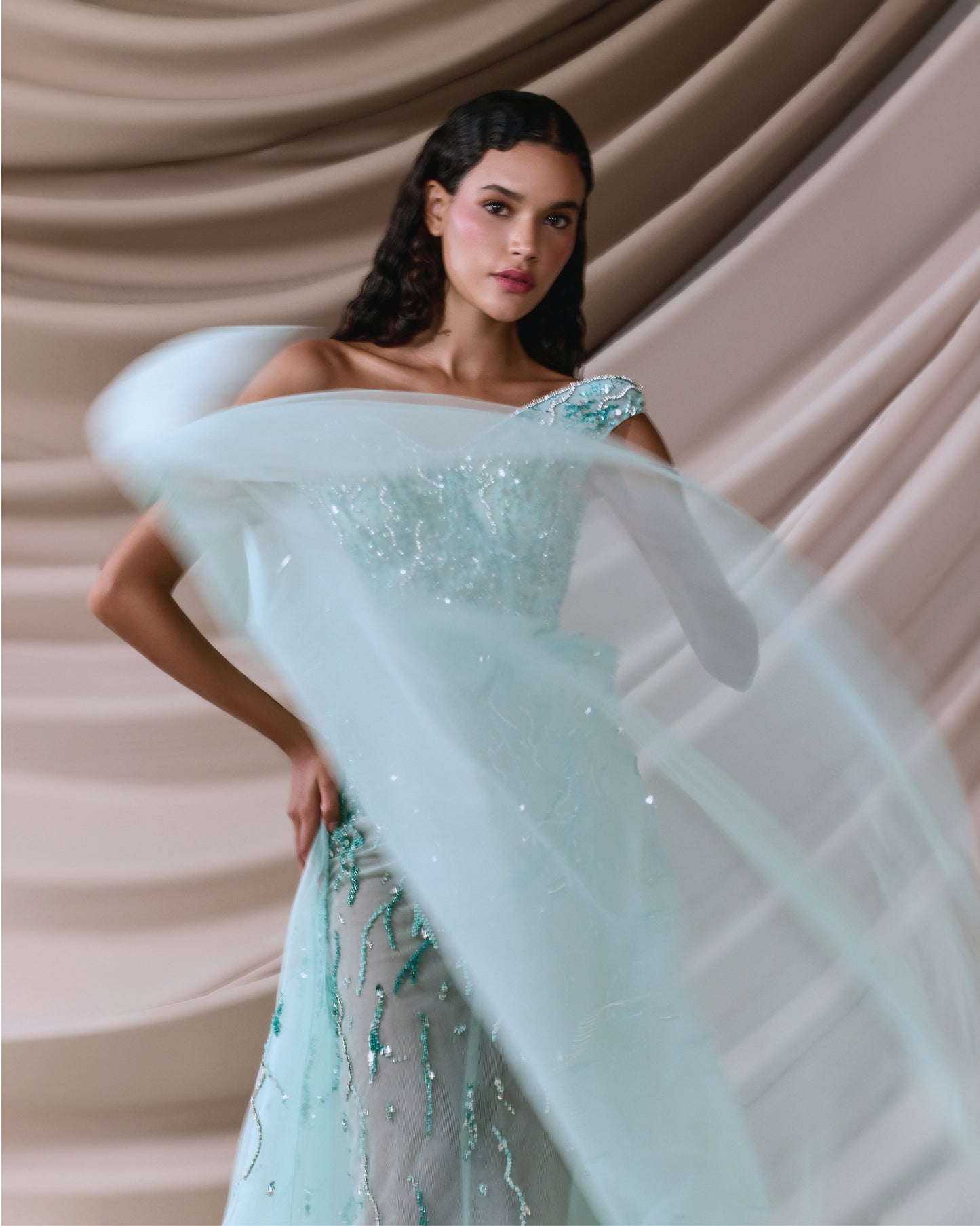 Asymmetrical maxi mint blue dress with embroidery - HJ 86