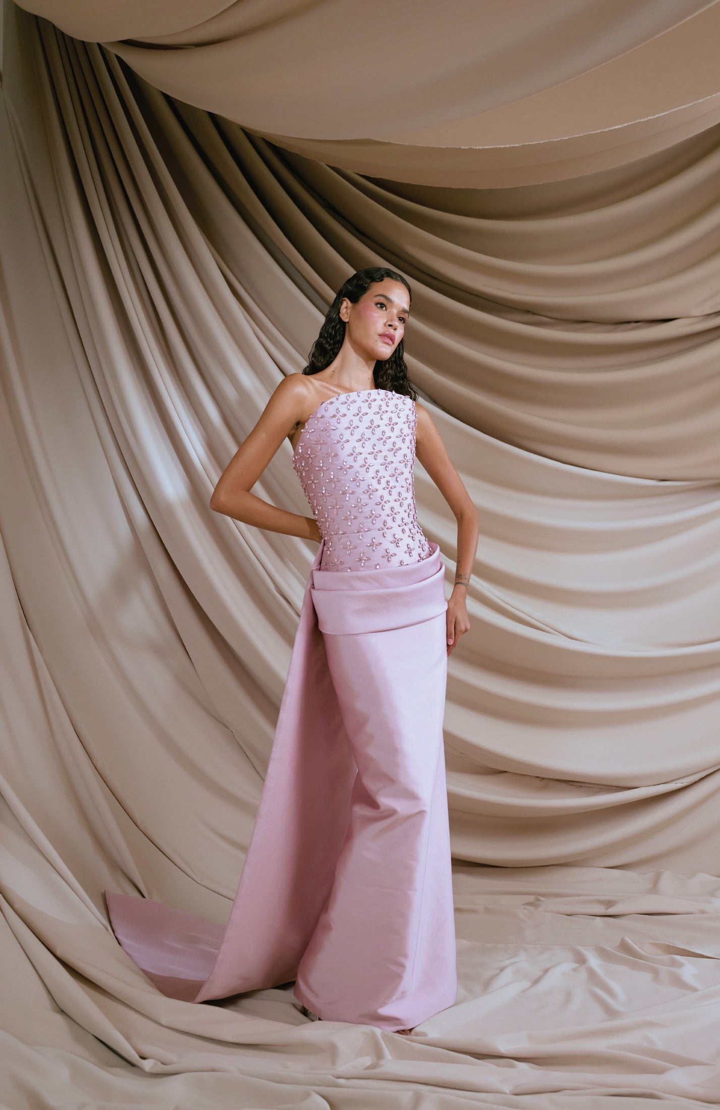 Pink silk Mikado strapless dress with crystals - G-HJ 89 HebaJasmi Pink silk Mikado strapless dress with crystals - G-HJ 89 HebaJasmi
