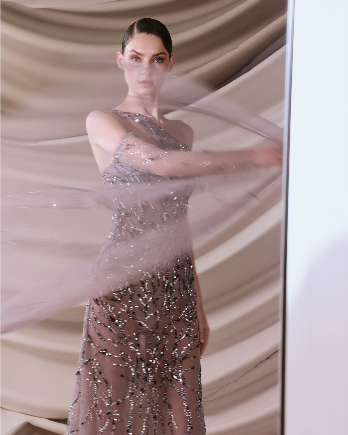 Purple asymmetrical dress with a back shawl - HJ 87