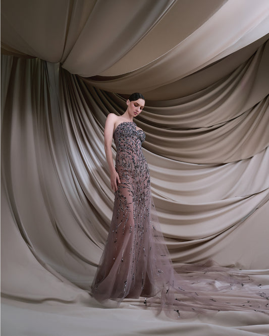 Purple asymmetrical dress with a back shawl - HJ 87