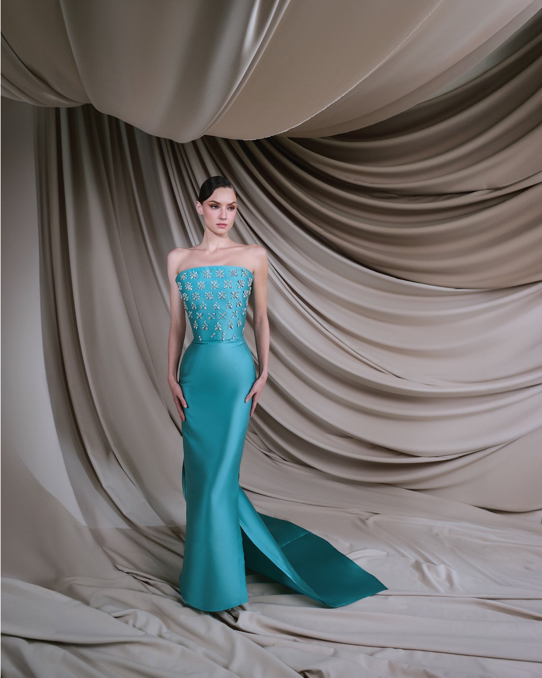 Strapless blue silk Mikado dress with crystals Strapless blue silk Mikado dress with crystals