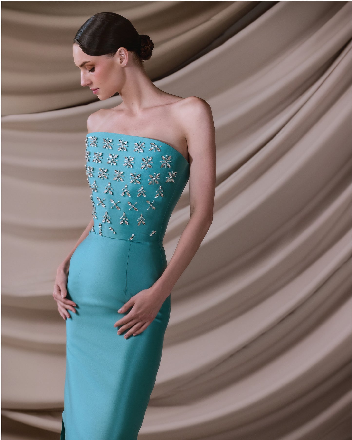 Strapless blue silk Mikado dress with crystals - G-HJ 88