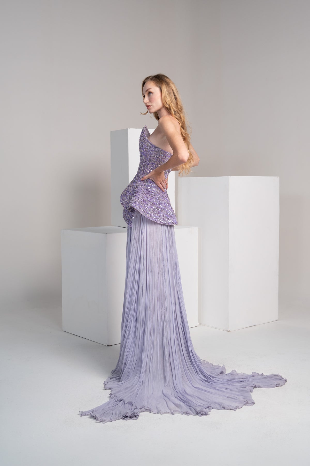 Purple beaded bodice with a pleated chiffon skirt.