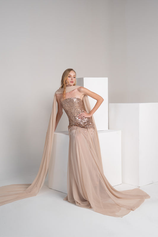 Rose gold beaded top with a chiffon skirt
