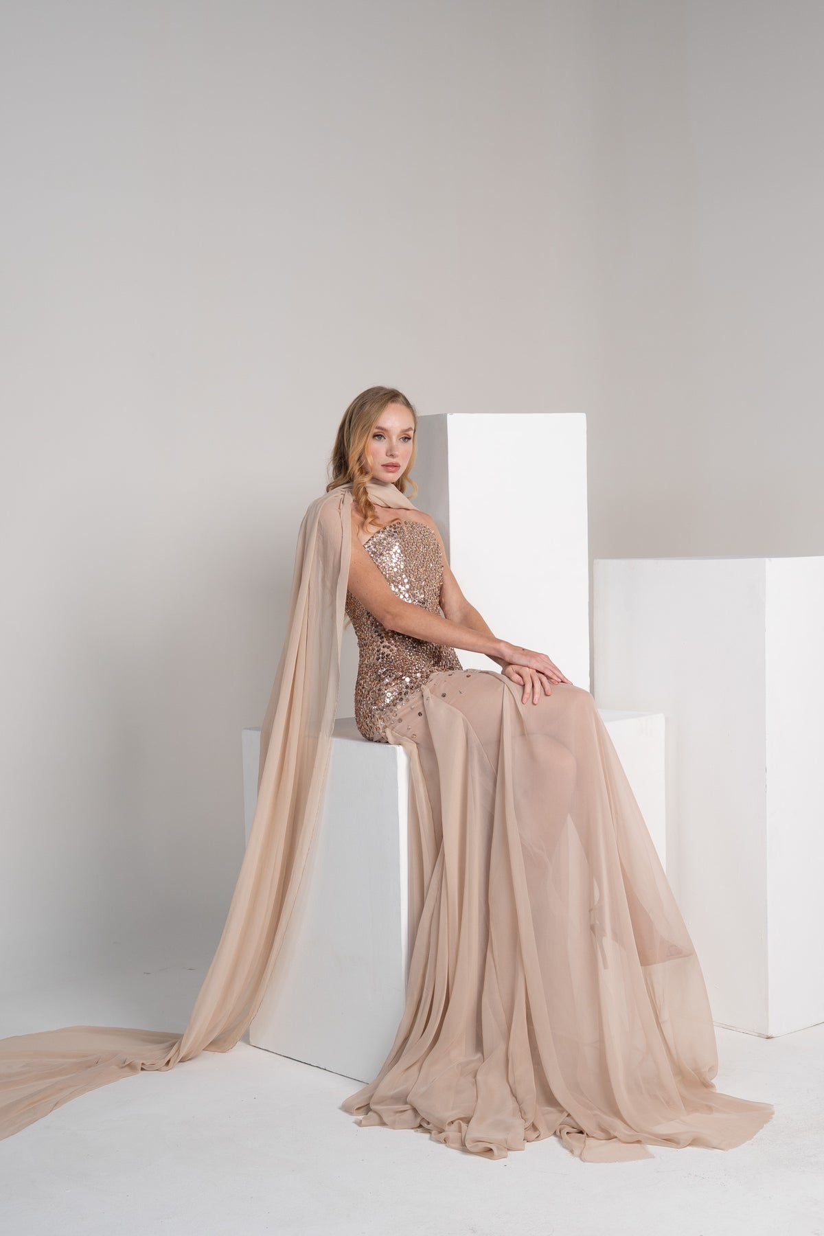 Rose gold beaded top with a chiffon skirt