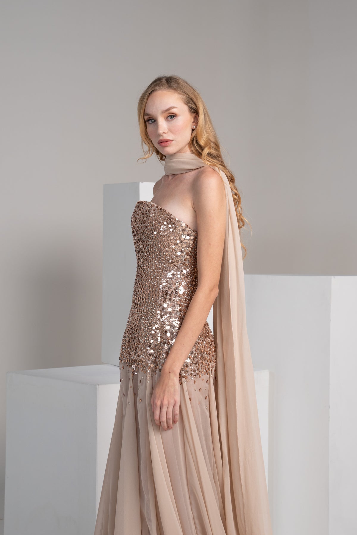 Rose gold beaded top with a chiffon skirt