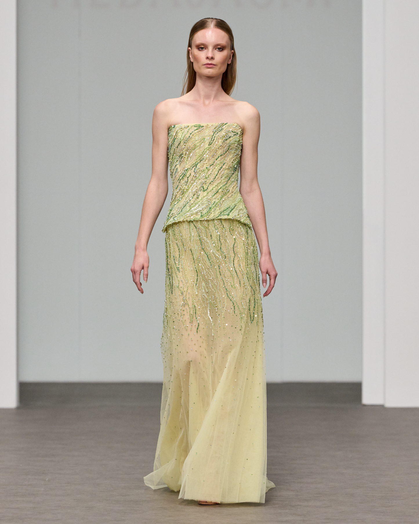 Strapless corset maxi dress beaded in green and yellow shades - HJ 109 HebaJasmi Strapless corset maxi dress beaded in green and yellow shades - HJ 109 HebaJasmi
