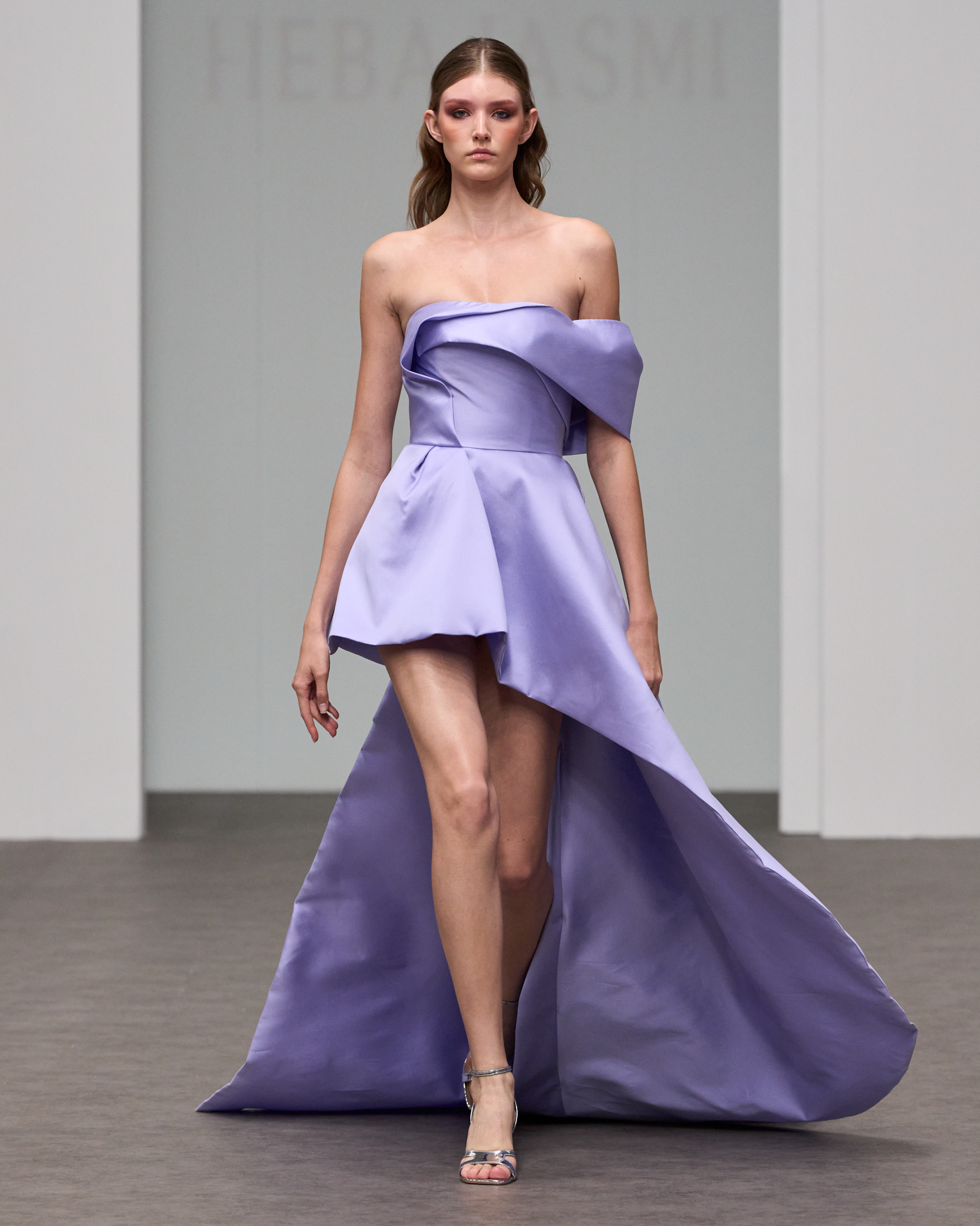 Purple asymmetrical dress in silk mikado