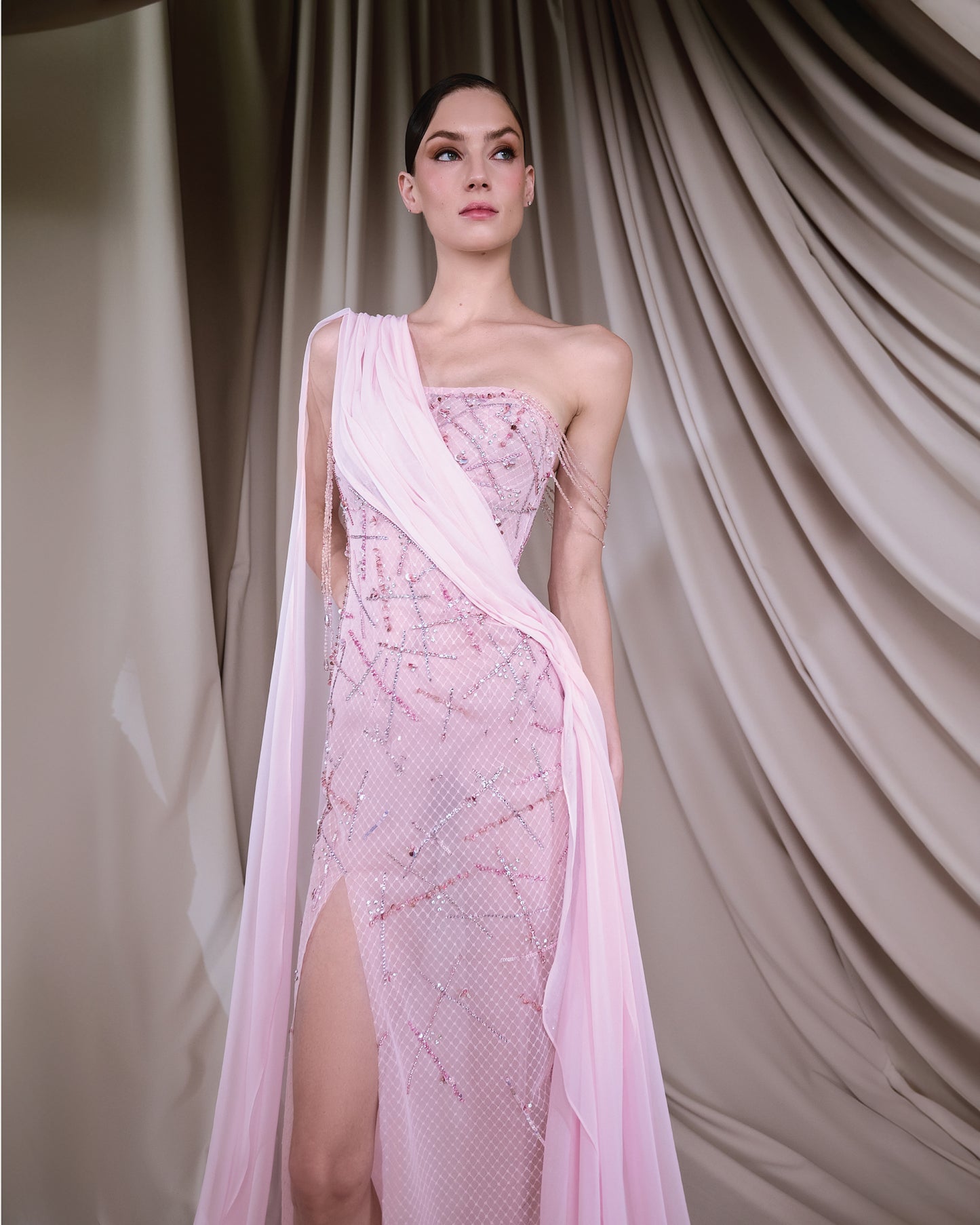 Sequined pink tulle maxi dress with silk chiffon - G-HJ 101 HebaJasmi Sequined pink tulle maxi dress with silk chiffon - G-HJ 101 HebaJasmi