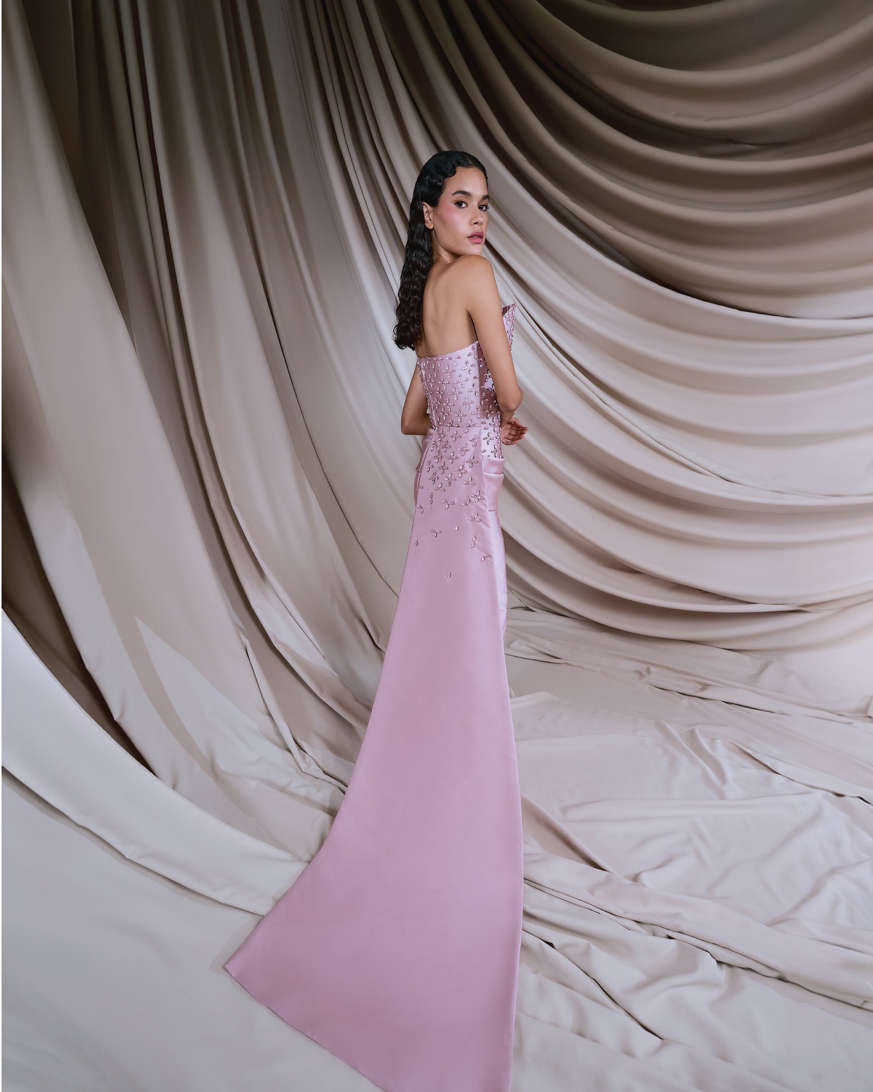 Pink silk Mikado strapless dress with crystals Pink silk Mikado strapless dress with crystals